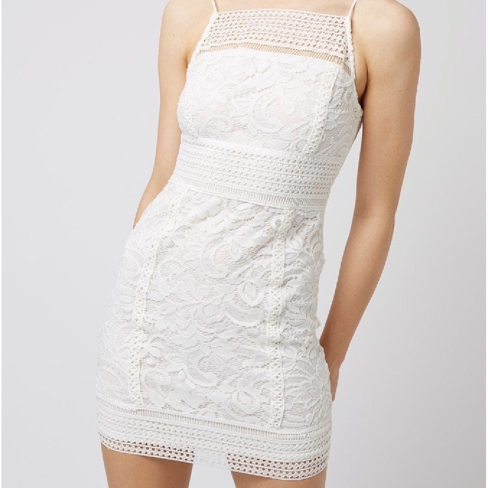 TOPSHOP White Lace Square Neck Bodycon Stretch Mini Dress